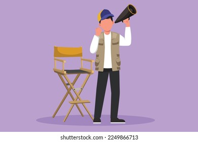 Graphic flat design drawing film director stands and holding megaphone with celebrate gesture while prepare camera crew for shooting action film. Creative industry. Cartoon style vector illustration