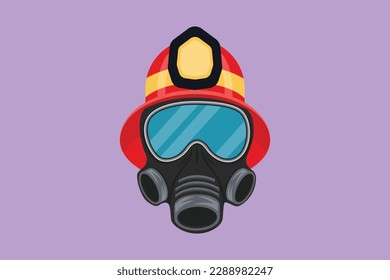 Diseño plano gráfico del casco protector contra incendios y respirador de gas. Equipo de extinción de incendios, máscara con gafas y filtros de aire. Protección contra el envenenamiento. Ilustración vectorial de estilo de dibujos animados