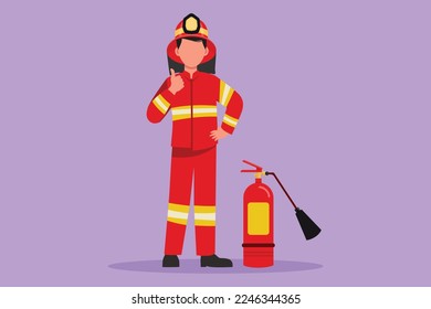 Graphic flat design drawing firefighters stood with fire extinguisher wearing helmets and uniforms complete with a thumbs up gesture to work to extinguish the fire. Cartoon style vector illustration