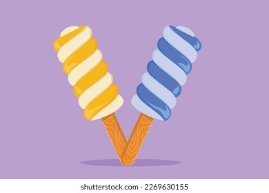 Graphic flat design drawing fresh delicious American popsicles stick store restaurant logo emblem. Icecream cafe shop logotype template concept. Sweet frozen dessert. Cartoon style vector illustration