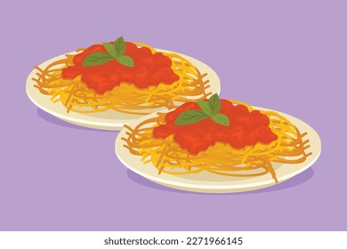 Graphic flat design drawing fresh delicious Italian spaghetti logo. Pasta fast food cafe menu and restaurant badge concept. Street food logotype label sticker symbol. Cartoon style vector illustration