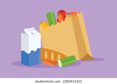 Graphic flat design drawing fresh delicious vegetables, milk, baguette, and bread inside paper grocery bag icon. Staple food concept for flyer, sticker, card, symbol. Cartoon style vector illustration