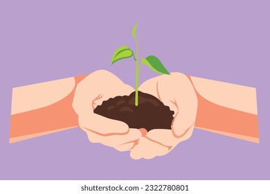 Diseño plano gráfico dibujar la vista frontal de las manos sujetando la planta en suelo aislado en fondo azul. Día de la Tierra del Medio Ambiente en manos del logo de los árboles cultivando plántulas. Ilustración vectorial de estilo de dibujos animados