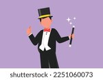 Graphic flat design drawing funny male magician in tuxedo suit with gesture thumbs up wearing hat and holding magic stick ready to entertain audience in circus show. Cartoon style vector illustration