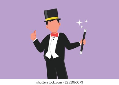 Diseño gráfico plano dibujando a un mago machista gracioso con traje de esmoquin con los pulgares de gesto arriba usando sombrero y sujetando un palo mágico listo para entretener a la audiencia en un espectáculo de circo. Ilustración vectorial de estilo de dibujos animados