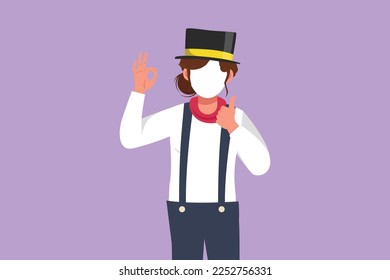 Graphic flat design drawing funny female mime artist say hi with okay gesture, white face make up puts on silent motion comedy show at circus show. Creative industry. Cartoon style vector illustration