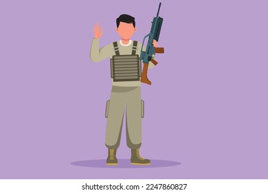 Diseño gráfico de planos dibujando a galantes soldados o militares parados con armas, uniforme completo y gesto correcto al servicio del país con fuerza de las fuerzas militares. Ilustración vectorial de estilo de dibujos animados