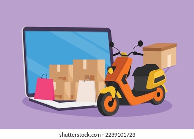 Graphic flat design drawing giant laptop computer in front of courier scooter with cardboard and pile of package boxes. Online delivery service concept. Online store. Cartoon style vector illustration