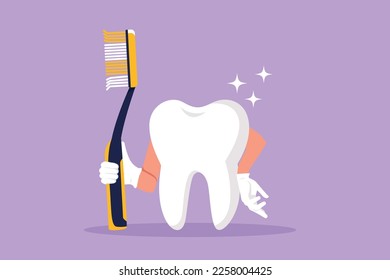 Dibujo gráfico plano de diseño de dientes gigantes sujetando cepillo de dientes en una mano y dentífrico en la otra. Clínica dental de símbolo o logotipo. Centro de atención de la salud oral. Ilustración vectorial de estilo de dibujos animados