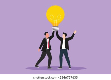 Graphic flat design drawing of goal achievement, winning, teamwork, business. Group of team businessman holding light bulb. Successful trouble solution idea creation. Cartoon style vector illustration