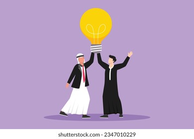 Graphic flat design drawing goal achievement, winning, teamwork, business. Group team Arab businessman holding light bulb. Successful trouble solution idea creation. Cartoon style vector illustration