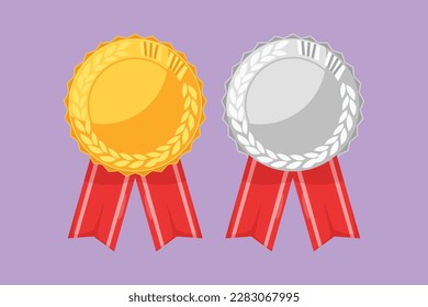 Diseño plano gráfico, con medallas de oro y plata, realistas con cintas. Ganador premia símbolos. Logro de la competencia, torneo, liga, actuación. Ilustración vectorial de estilo de dibujos animados