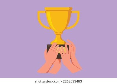 Graphic flat design drawing golden trophy held by many athletes hands  Symbol victory  winning championships  matches   sports competitions  Best achievement  Cartoon style vector illustration