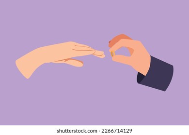 Graphic flat design drawing groom puts ring on finger of bride. Bride and groom make vow of loyalty on their wedding day. Happy marriage ceremony celebration concept. Cartoon style vector illustration