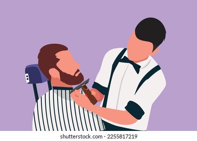 Graphic flat design drawing grooming of real man. Side view of bearded man getting beard haircut at hairdresser while sitting in chair at barbershop. Professional barber. Cartoon vector illustration