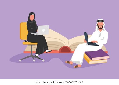 Graphic flat design drawing group of people with laptop computer at home. Arabian man sitting on pile of books, woman sitting on chair, typing or studying together. Cartoon style vector illustration