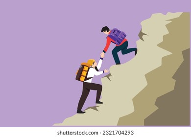 Graphic flat design drawing group of people man and woman helping each other hike up a mountain. Business, success, leadership, achievement and goal concept, symbol. Cartoon style vector illustration