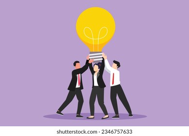 Graphic flat design drawing group of active people hold huge lamp new idea. Success in business rely on teamwork, good planning, finding creative solution to problem. Cartoon style vector illustration