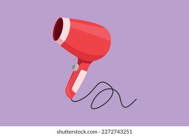 Graphic flat design drawing hair dryer electric home appliance logotype, label, icon, flyer, sticker, card. Woman electricity stuff household tools template concept. Cartoon style vector illustration