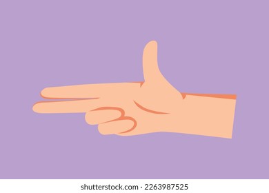 Graphic flat design drawing hand gesturing fire gun weapon with fingers, aiming shoot symbol. Hand making gun gesture icon. Hand shot sign or symbol. Weapons by hand. Cartoon style vector illustration