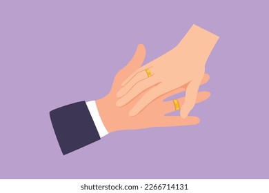 Graphic flat design drawing hand of groom and bride with wedding rings. Bride and groom make vow of loyalty on their wedding day. Happy couple on marriage ceremony. Cartoon style vector illustration