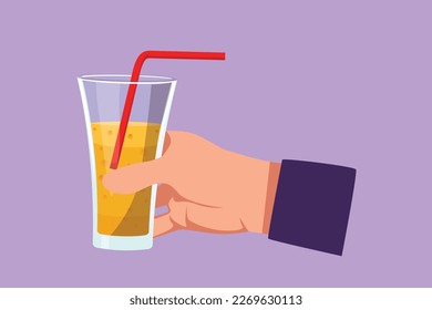 Diseño plano gráfico de mano sujetando el vaso de refresco. Mano masculina sosteniendo refrescos dulces de refresco en vidrio con cubo de hielo. Menú de café. Bebida refrescante en verano. Ilustración vectorial de estilo de dibujos animados