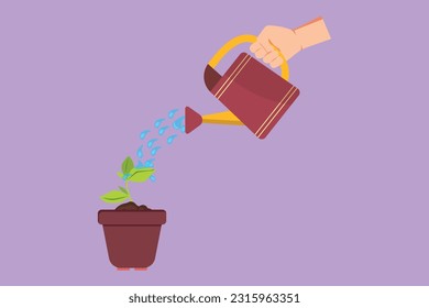 Graphic flat design drawing hand holding watering can watering plant at pot or ground symbol. Earth day save environment concept. Growing seedling forester planting. Cartoon style vector illustration