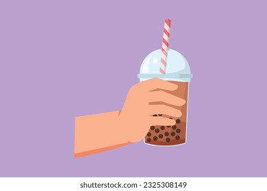 Graphic flat design drawing hand holding bubble tea cup. Boba tea, sweet Taiwanese drink popular in Asia. Trend and favorite food and drink logo, icon, label, symbol. Cartoon style vector illustration