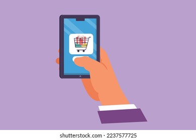 Graphic flat design drawing hands holding smartphone with shopping cart image inside and touching screen. Digital technology lifestyle. Internet and gadgets concept. Cartoon style vector illustration