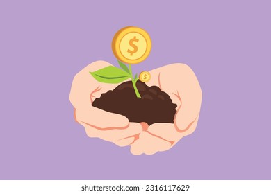 Diseño plano gráfico que toma las manos con la planta de dinero en el suelo sobre fondo blanco. Mano de hombre de negocios sosteniendo un árbol de dinero. Ganancias, éxito en el trabajo, dinero. Ilustración vectorial de estilo de dibujos animados