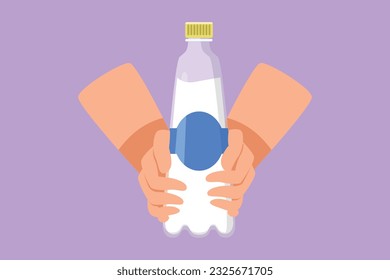 Grafische flache Gestaltungshände, die eine Plastikflasche mit reinem Trinkwasser halten, erfrischend und spritzig einzeln auf blauem Hintergrund. Hungrig und durstig nach guter Gesundheit. Cartoon-Stil, Vektorgrafik