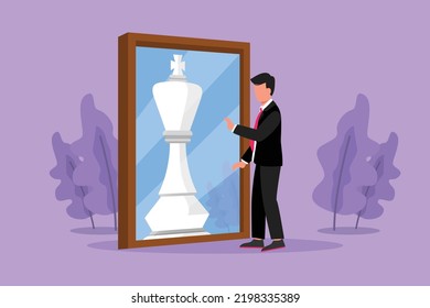 Dibujo gráfico de diseño plano de un bonito hombre de negocios parado frente al espejo, reflejando al rey del ajedrez. Metáfora de confianza. El negocio del éxito, el concepto de oportunidades. Ilustración vectorial de estilo de dibujos animados