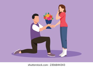 Graphic flat design drawing handsome man on knee making marriage proposal to woman with bouquet. Boy in love giving flowers. Happy couple getting ready for wedding. Cartoon style vector illustration