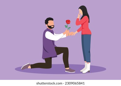 Graphic flat design drawing handsome man on knee gives flowers to beauty woman. Guy giving to girl rose flower for propose her. Happy romantic Arabian couple in love. Cartoon style vector illustration