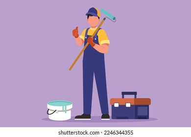 Graphic flat design drawing handyman standing holding long roll paintbrush with thumbs up gesture and toolbox. Ready to home service, housing renovation decoration. Cartoon style vector illustration