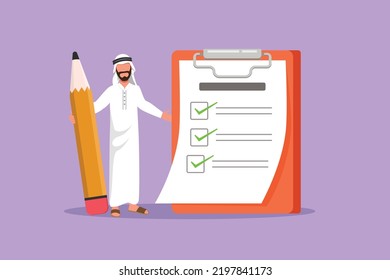 Diseño gráfico plano dibujando feliz y atractivo hombre de negocios árabe parado con un enorme lápiz, portapapeles, lista de verificación completada. Concepto de plan completado por éxito de negocios. Ilustración vectorial de estilo de dibujos animados