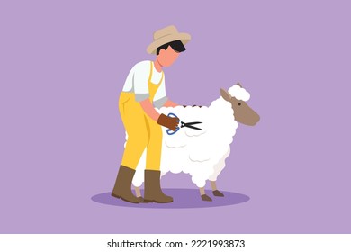 Graphic flat design drawing happy male farmer shears sheep to make sweaters. Results of sheep farming in countryside. Livestock worker activities. Successful farming. Cartoon style vector illustration