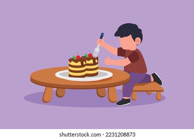 Dibujo gráfico de diseño plano de un lindo y feliz niño comiendo cremoso pastel de cumpleaños en la mesa. Los niños son muy amables y se sirven postres dulces. Trato delicioso favorito para los niños. Ilustración vectorial de estilo de dibujos animados