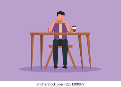 Graphic flat design drawing of happy man holding and eating hamburger fast food in restaurant. Male having lunch with burger and coffee in paper cup. Unhealthy diet. Cartoon style vector illustration