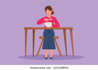 Graphic flat design drawing happy woman having breakfast with cereal and milk. Beauty female sitting at table and eating with delicious dish. Healthy nutrition food. Cartoon style vector illustration