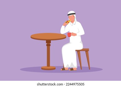 Graphic flat design drawing happy man eating slice of Italian pizza and holding cup of coffee. Arab male having tasty lunch dish and sitting at table in restaurant. Cartoon style vector illustration