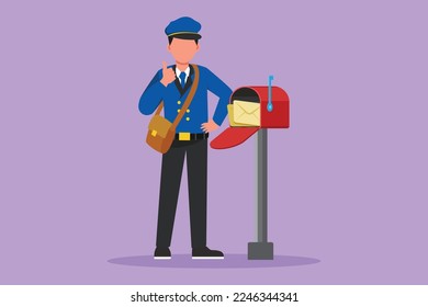 Graphic flat design drawing happy postman with thumbs up gesture standing in hat, bag, uniform, holding an envelope. Working hard to delivering mail to home address. Cartoon style vector illustration