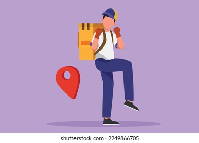 Graphic flat design drawing happy deliveryman standing with celebrate gesture and pin map icon. Carrying package box that customer has ordered to be delivered safely. Cartoon style vector illustration