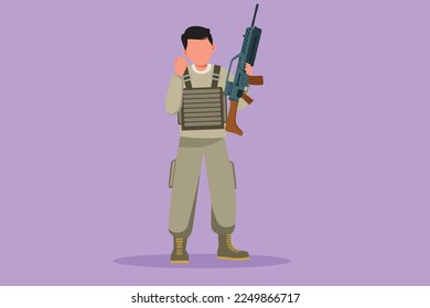 Dibujo gráfico de diseño plano de hombres soldados felices o el ejército parados con armas, uniforme completo, y celebrar gesto sirviendo a un país con fuerza de fuerzas militares. Ilustración vectorial de estilo de dibujos animados