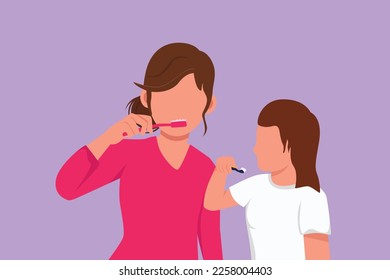 Grafische flache Design-Zeichnung glückliche Mutter, die ihre Tochter putzt Zähne im Badezimmer. Routinemäßige Sauberkeit. Gesunde Mund-Zähne für Kinder. Cartoon-Stil, Vektorgrafik