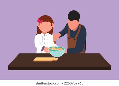 Graphic flat design drawing happy father and daughter knead cake dough using manual hand mixer. Dad and his little girl enjoying kneading cake dough together at home. Cartoon style vector illustration