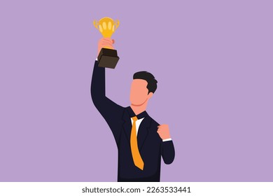 Grafische flache Design zeichnet glücklichen Geschäftsmann im formalen Anzug mit goldener Trophäe mit einer Hand. Unternehmensleistung. Gewinner des Wettbewerbs oder der Leistung. Cartoon-Stil, Vektorgrafik