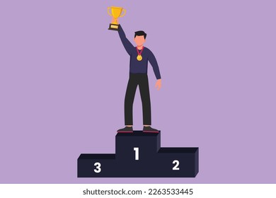 Graphic flat design drawing happy male athlete lifting golden trophy with one hand on first podium. Attractive man celebrate victory of national sports competition. Cartoon style vector illustration