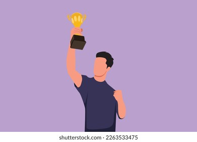 Graphic flat design drawing happy male athlete in sport jersey holding gold trophy with one hand. Celebrate victory of national competition. Man winning championship. Cartoon style vector illustration