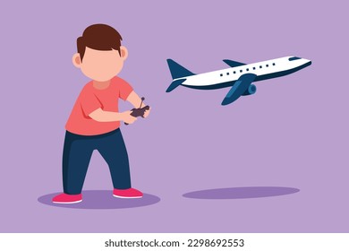 Graphic flat design drawing happy little boy playing with remote controlled toy airplane. Cute kids playing with electronic airplane toy with remote control in hands. Cartoon style vector illustration